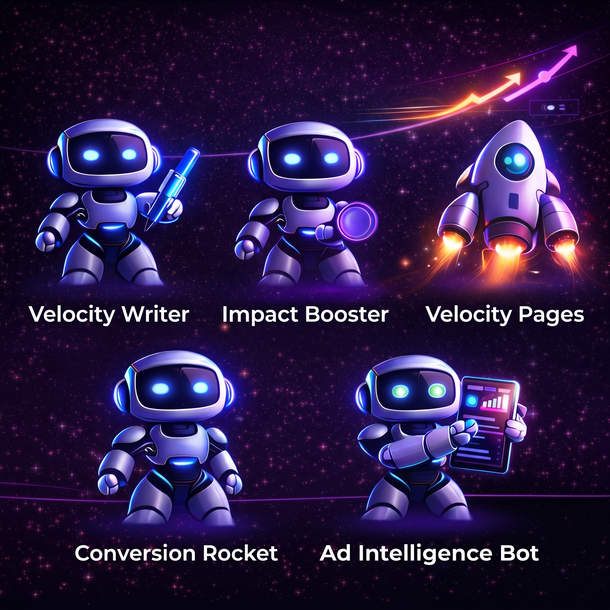 Custom AI employees: Velocity Writer, Impact Booster, Velocity Pages, Conversion Rocket and Ad Intelligence Bot